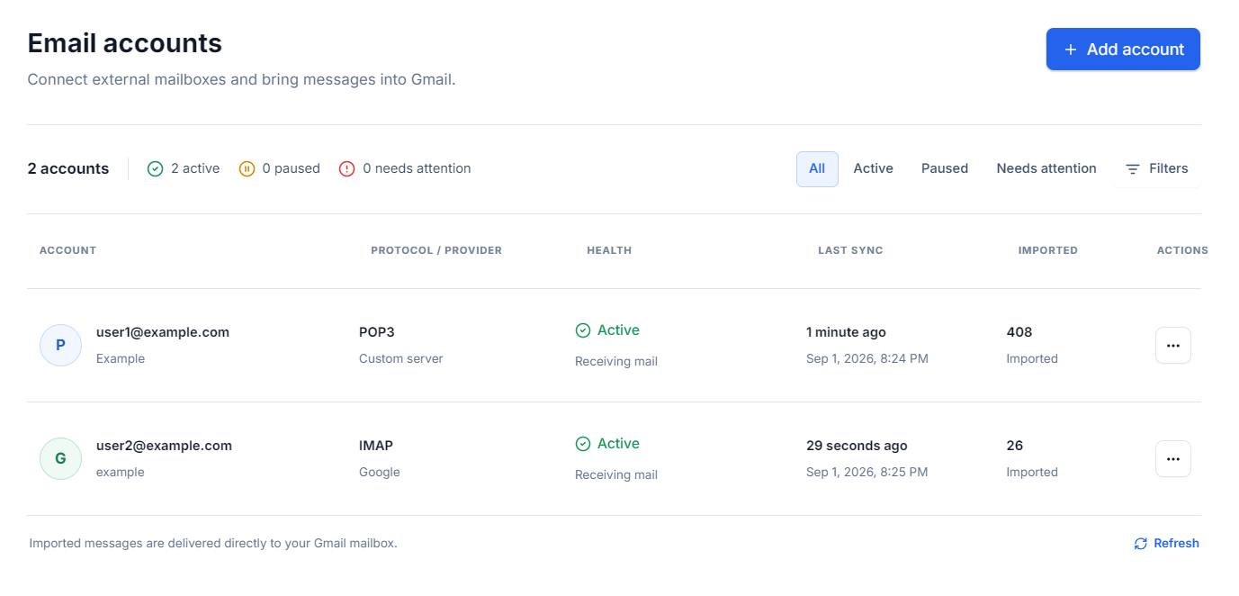 POP3 for Gmail email accounts dashboard