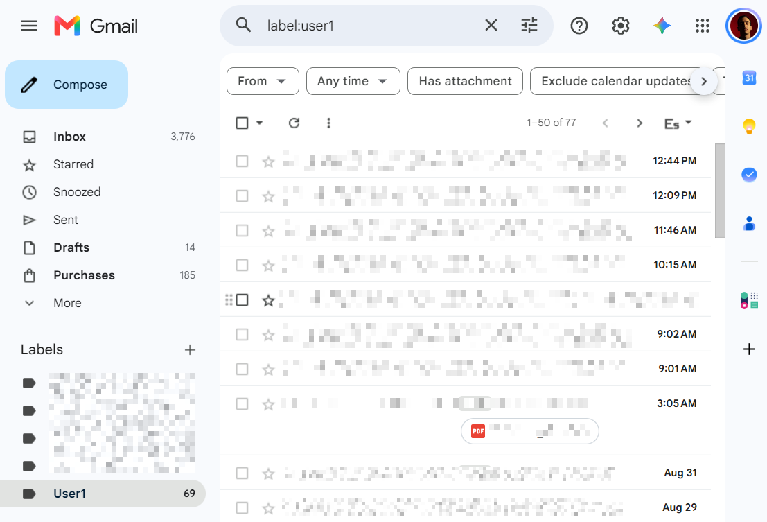 Gmail inbox interface with synced tagged emails